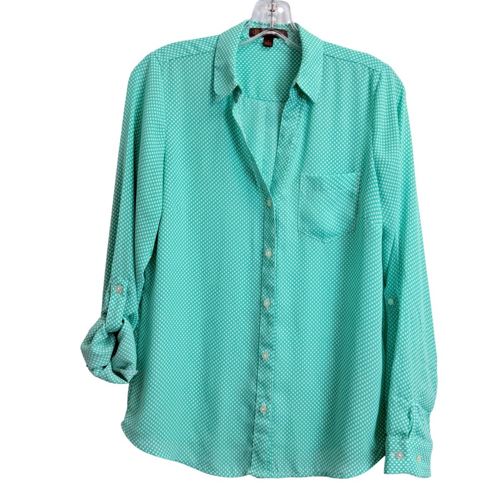 Outback Red Womens Mint Green Polka Dot Button Down Roll Tab Sleeve Blouse Small
